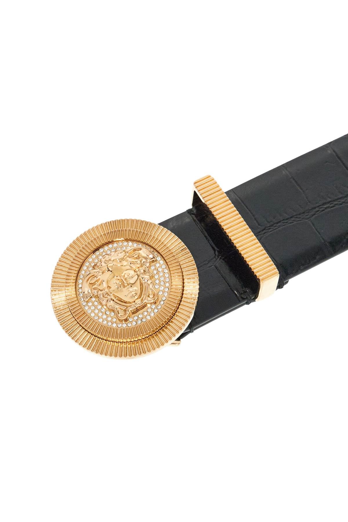 Versace black embossed crocodile calfskin belt with rhinestones 40mm Belts Versace