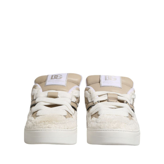 Dolce & Gabbana White Beige Faux Shearling Low Top Sneakers Shoes