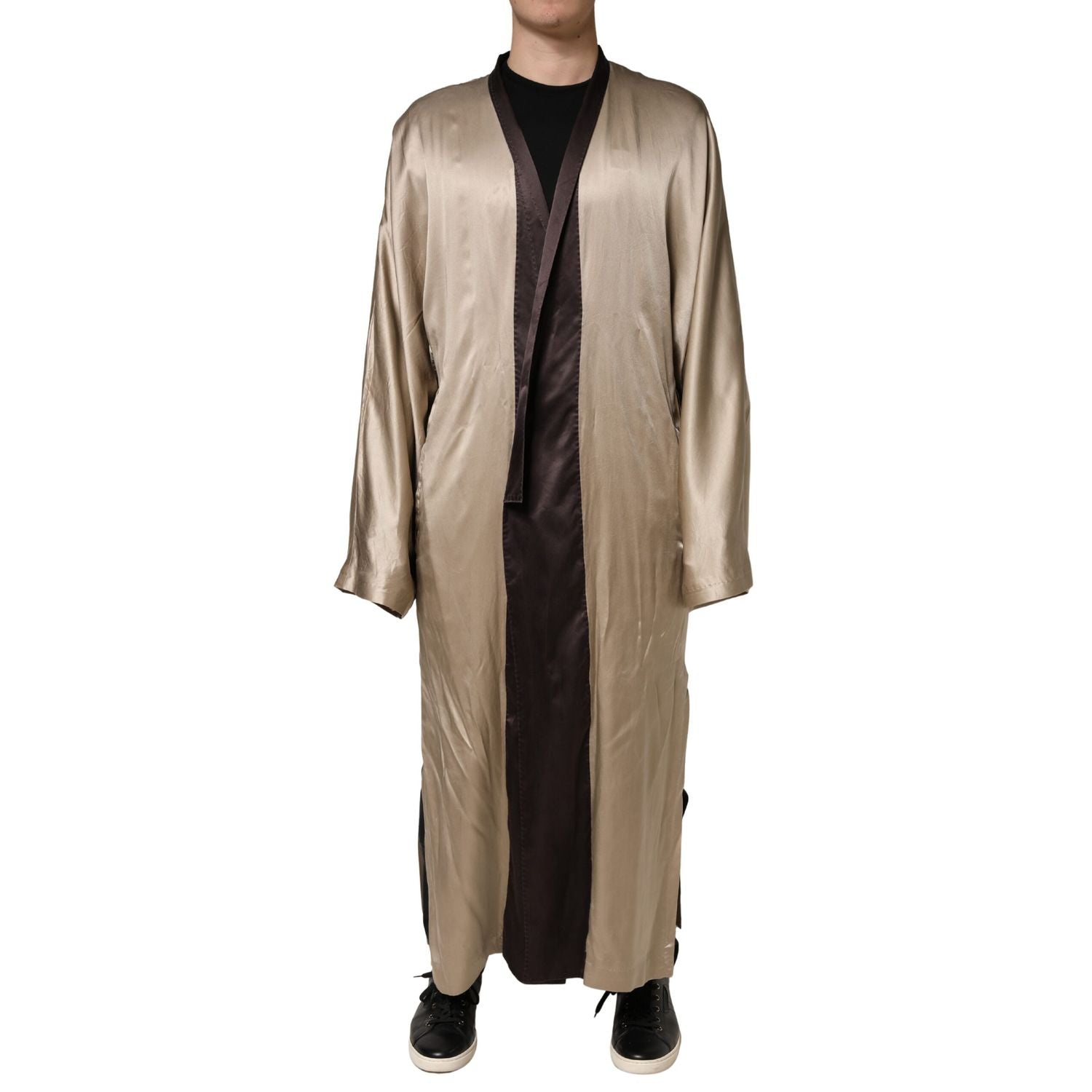 Dolce & Gabbana Beige Silk Satin Long Coat Robe Jacket