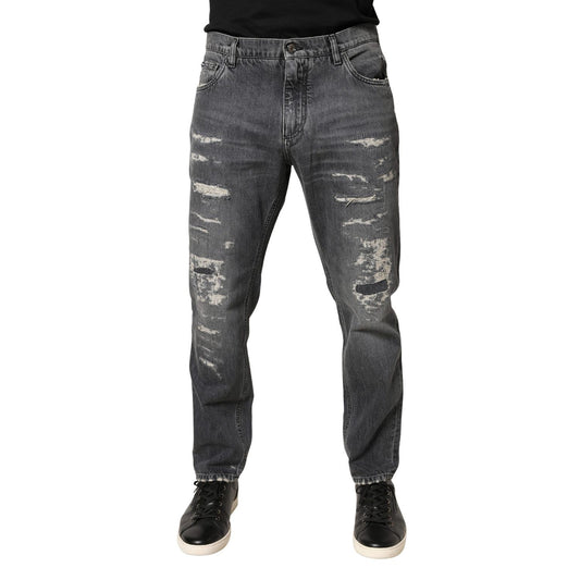 Dolce & Gabbana Dark Gray Tattered Cotton Loose Denim Jeans