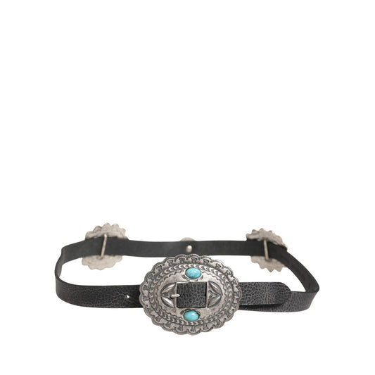 Cavalli Class Black Turquoise Leather Embellished Oval Buckle Belt