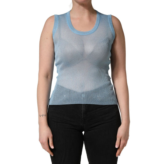Dolce & Gabbana Blue Semi Sheer Ribbed Sleeveless Tank Top
