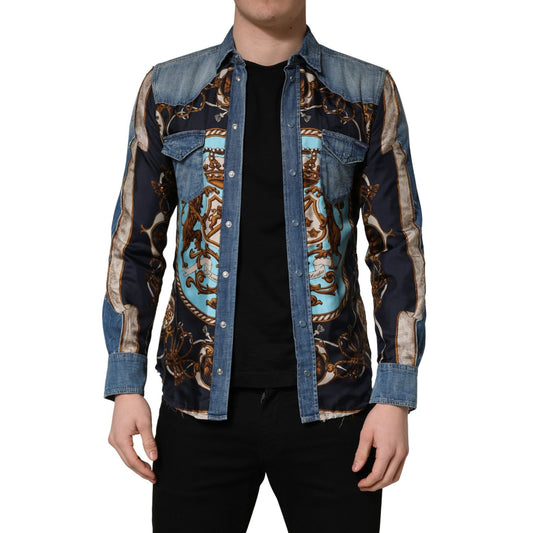 Dolce & Gabbana Blue Baroque Cotton Button Down Denim Shirt