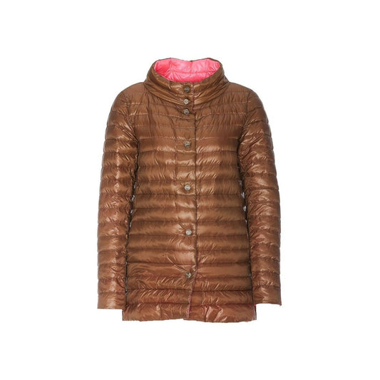 Herno Brown Polyamide Coat for women, featuring long sleeves, side pockets, press button closure, 90/10 goose down padding, made in Romania.