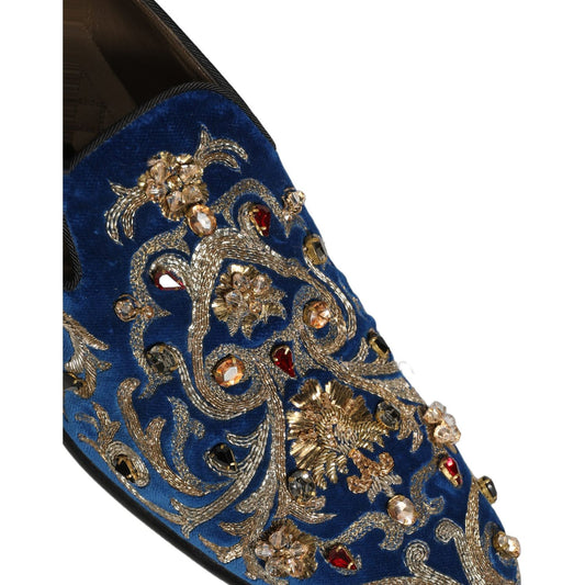 Dolce & Gabbana Blue Velvet Embellished Dress Loafers Shoes