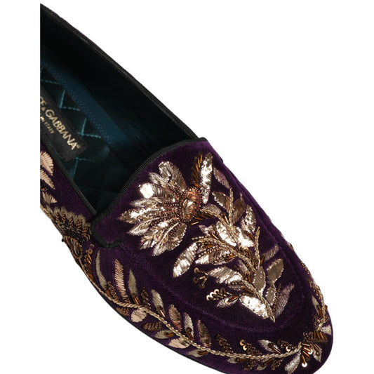 Dolce & Gabbana Violet Velvet Floral Embroidery Loafers Shoes