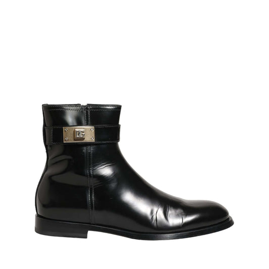 Dolce & Gabbana Black Leather Logo Buckle Mid Calf Boots Shoes