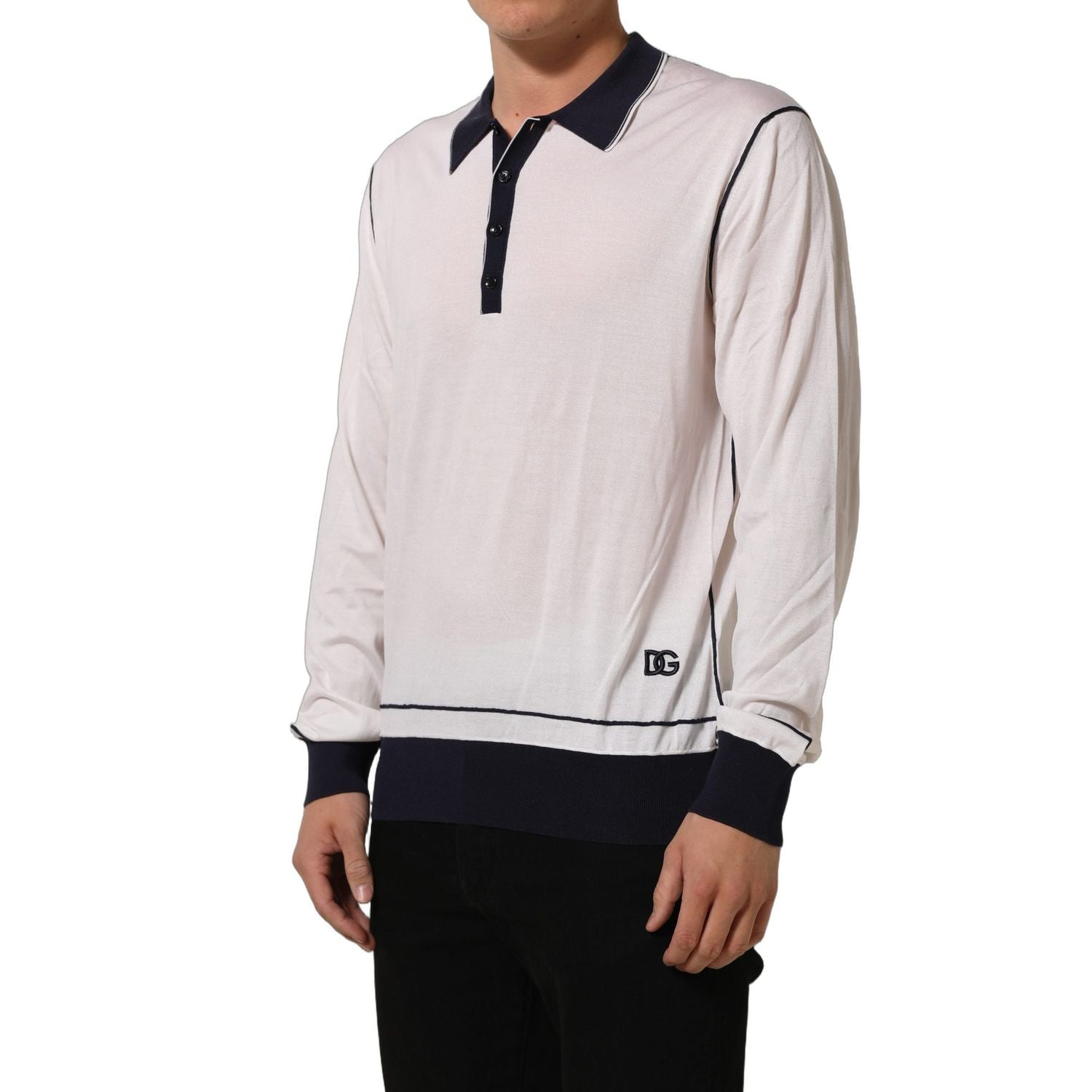 Dolce & Gabbana White Silk Collared Henley Pullover Sweater