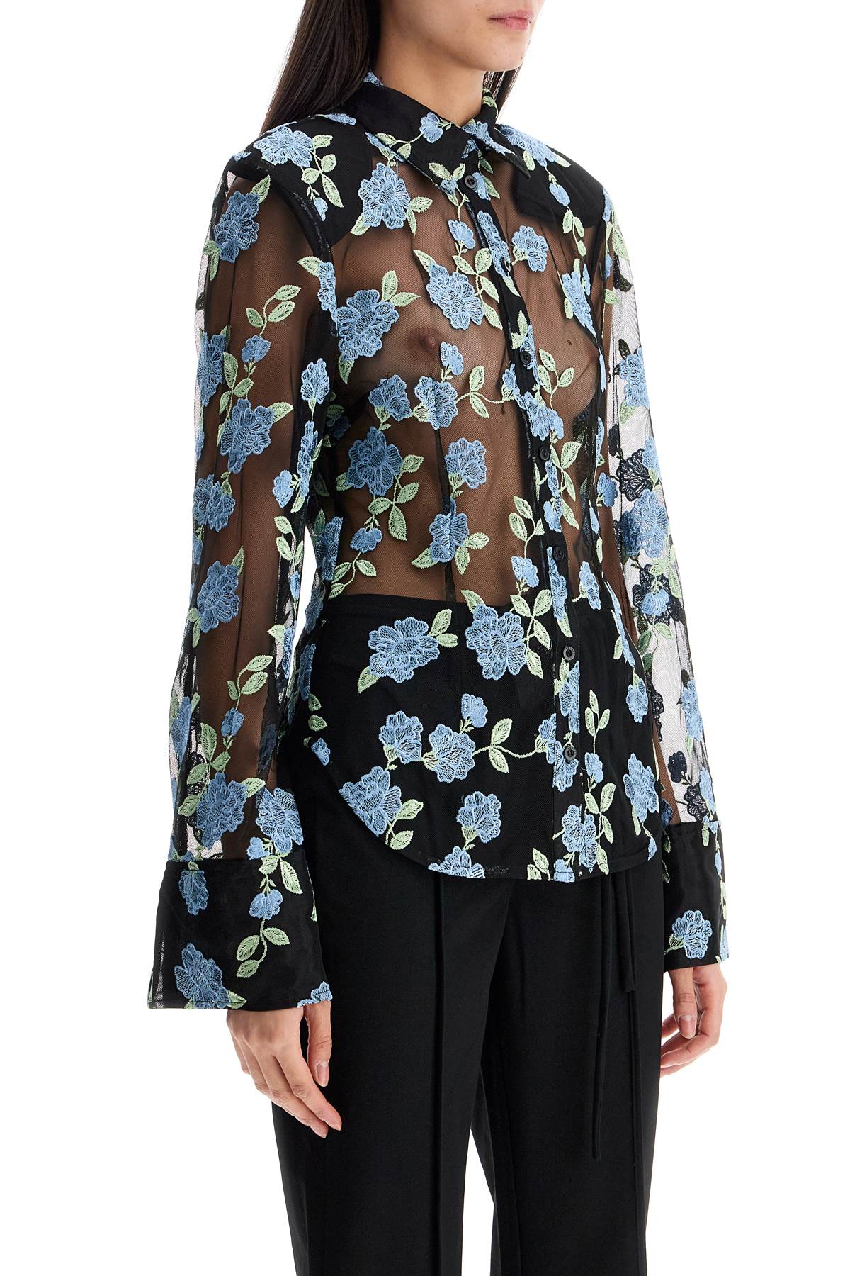 Rotate black mesh shirt with floral embroidery