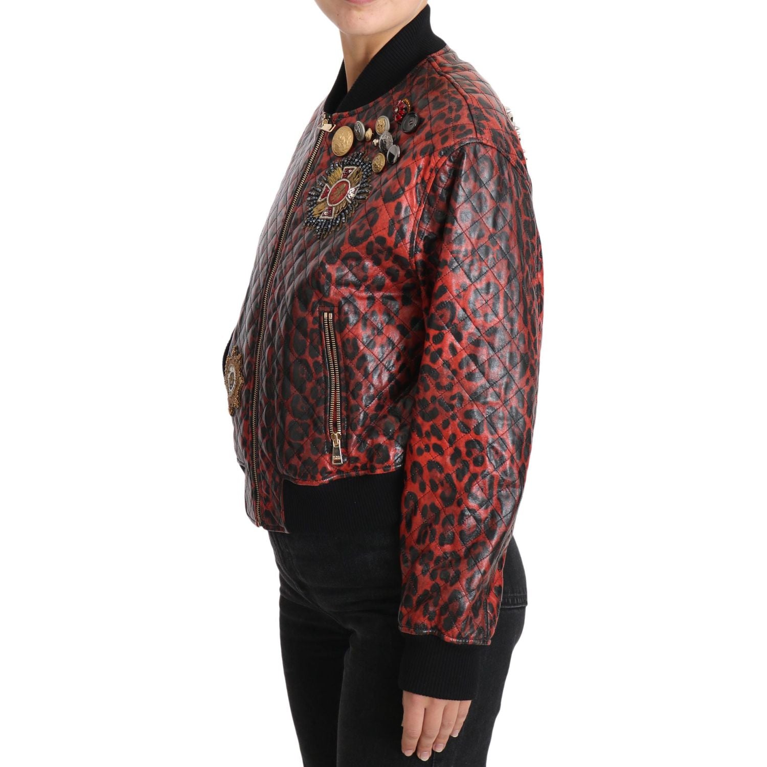 Dolce & Gabbana Red Leopard Button Crystal Leather Jacket