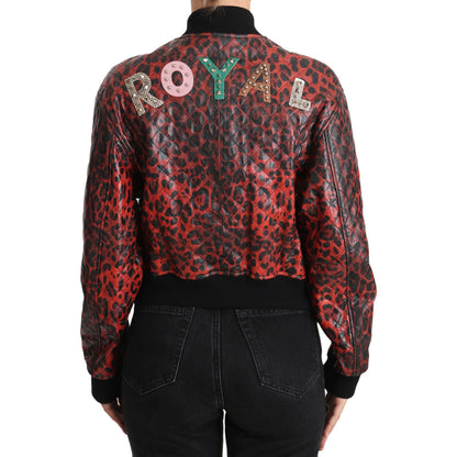 Dolce & Gabbana Red Leopard Button Crystal Leather Jacket