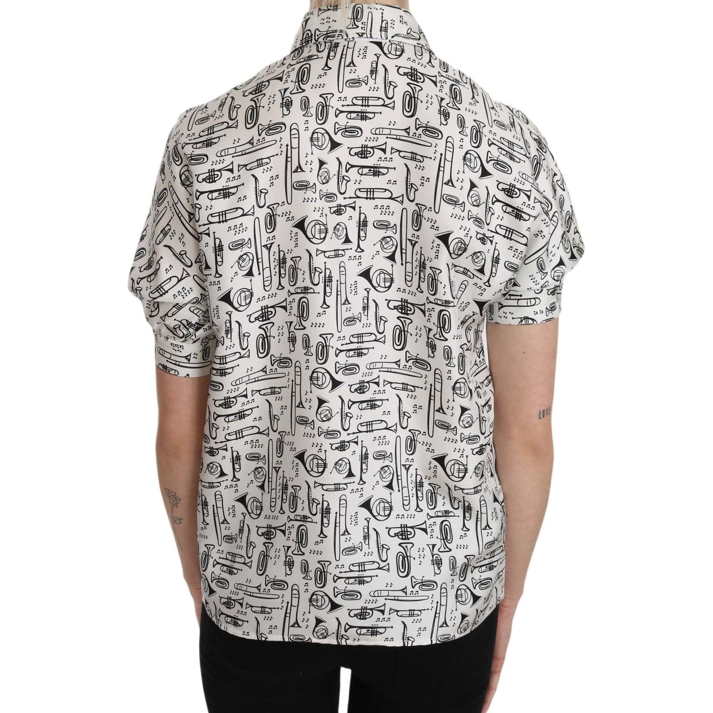 Dolce & Gabbana Trumpet Print Button Front Silk Top Blouse