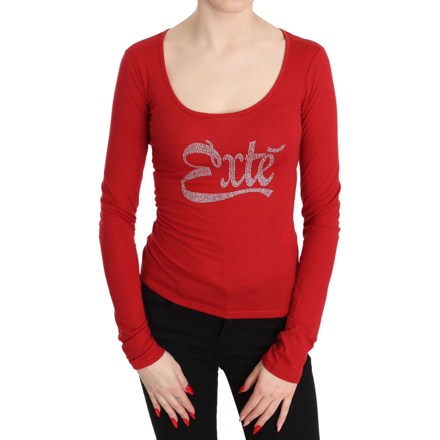 Exte Red Crystal Embellished Long Sleeve Top Exte