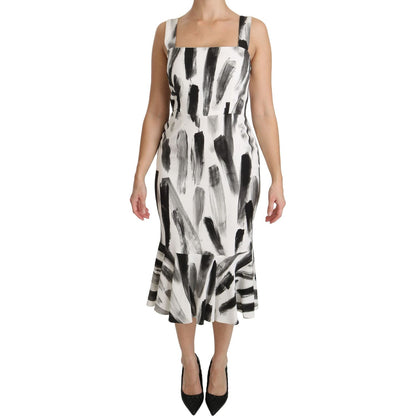 Dolce & Gabbana White Black Printed Sheath Midi Viscose Dress