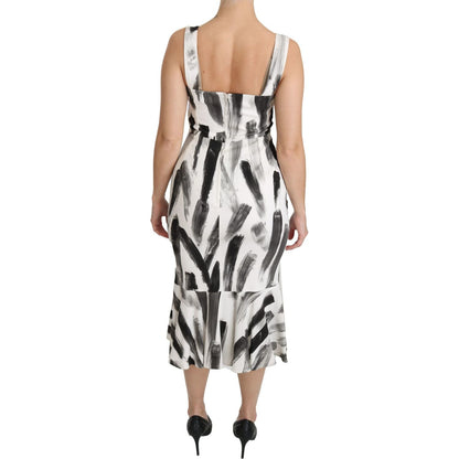 Dolce & Gabbana White Black Printed Sheath Midi Viscose Dress