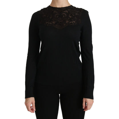Dolce & Gabbana Black Silk Lace Crew Neck Long Sleeve Blouse