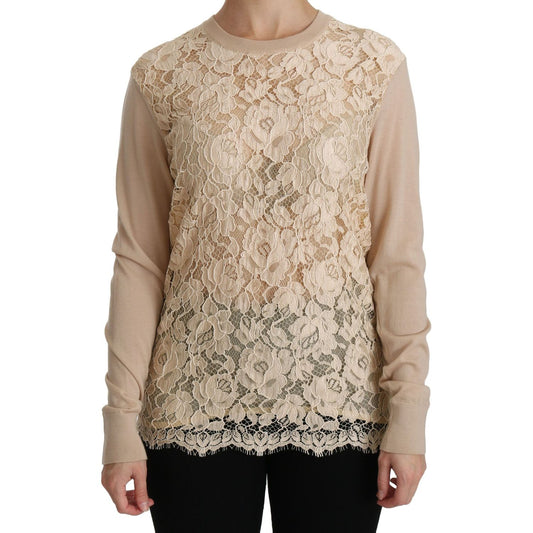 Dolce & Gabbana Elegant Beige Lace Crew Neck Cashmere Blouse Dolce & Gabbana