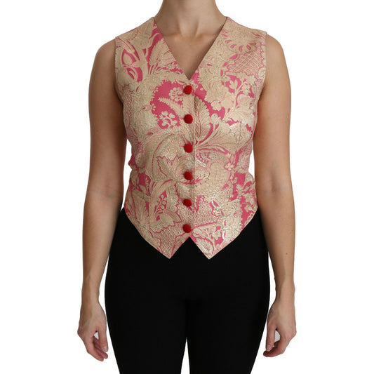 Dolce & Gabbana Pink Gold Brocade Waistcoat Vest Blouse Top