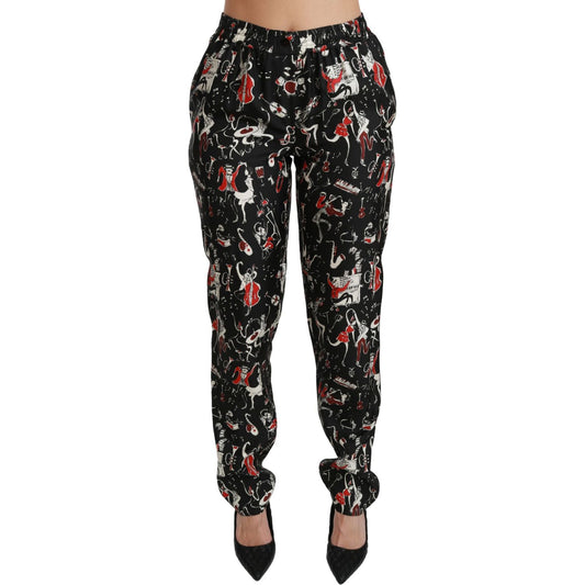 Dolce & Gabbana Black Silk Instrument Mid Waist Pants