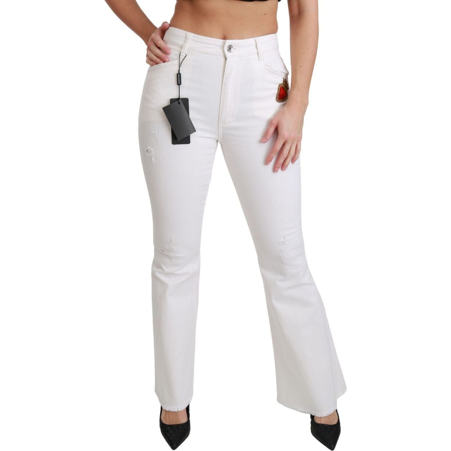 Dolce & Gabbana White Heart Flared Stretch Cotton Pants