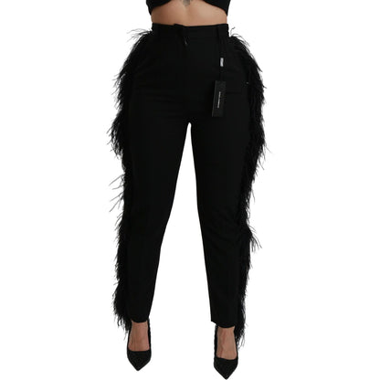 Dolce & Gabbana Black Feather Straight High Waist Wool Pants