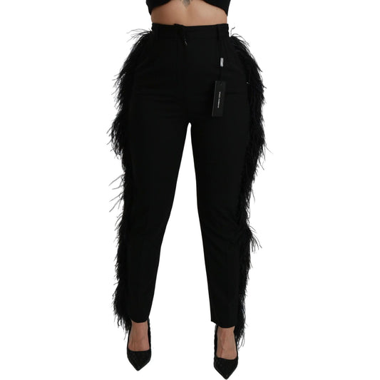 Dolce & Gabbana Black Feather Straight High Waist Wool Pants