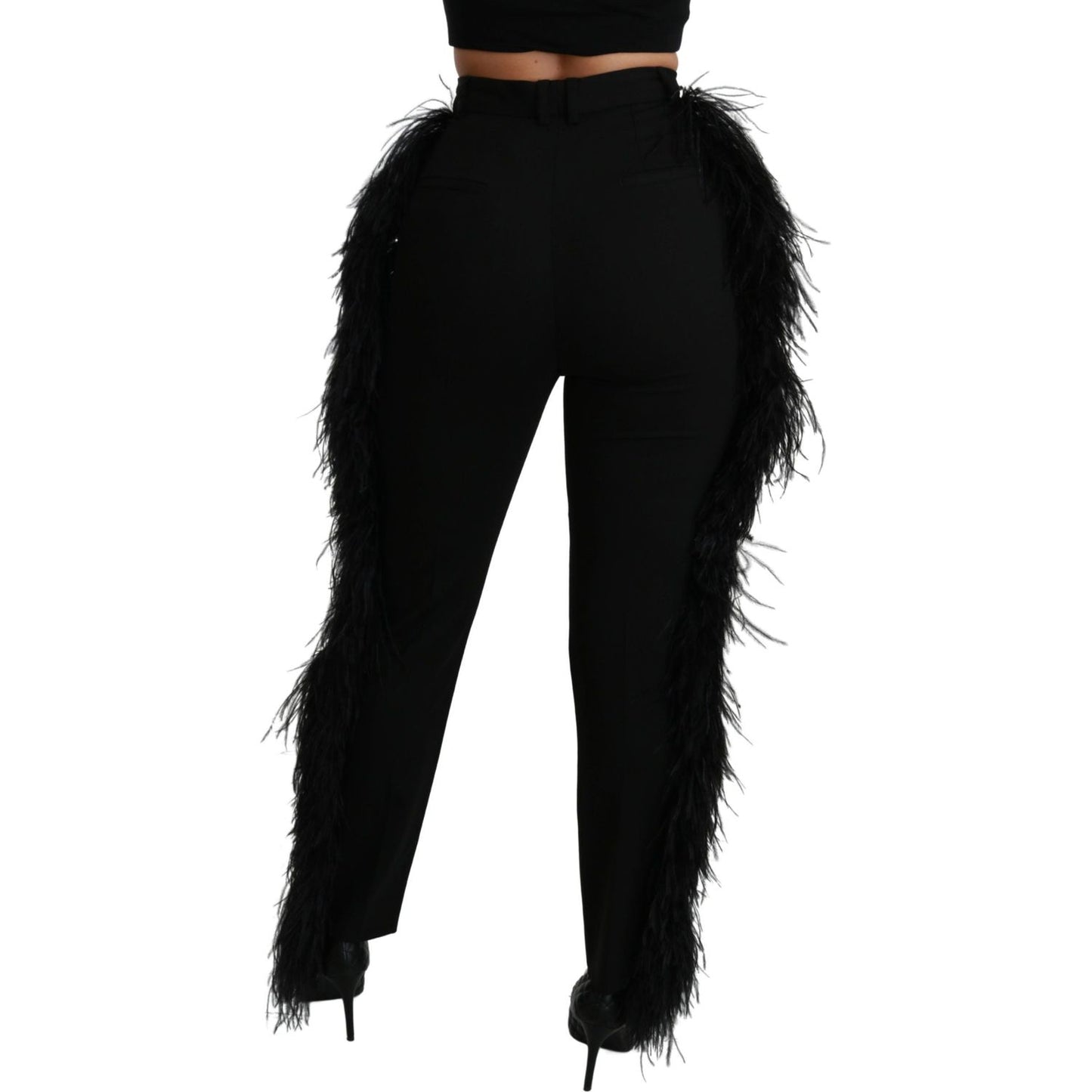 Dolce & Gabbana Black Feather Straight High Waist Wool Pants