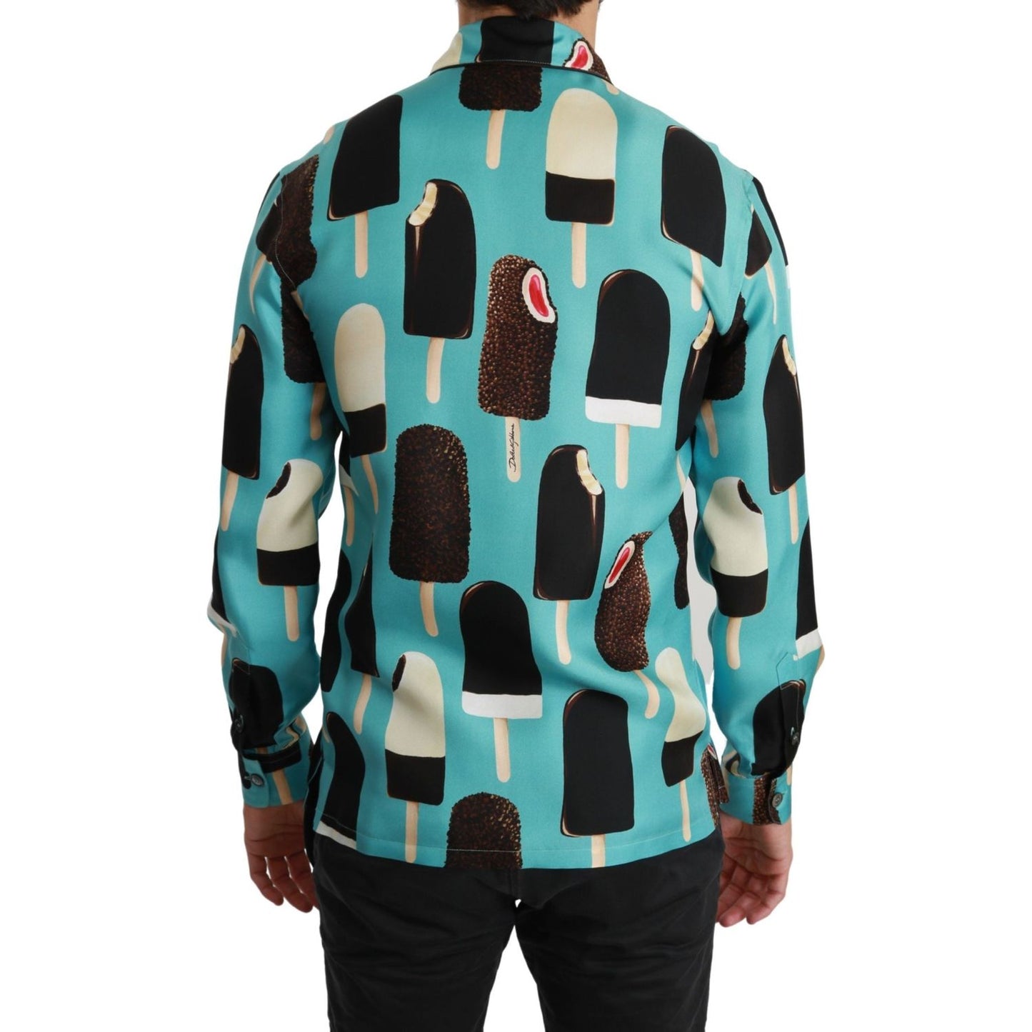 Dolce & Gabbana Blue Silk Ice Cream Print Casual Shirt