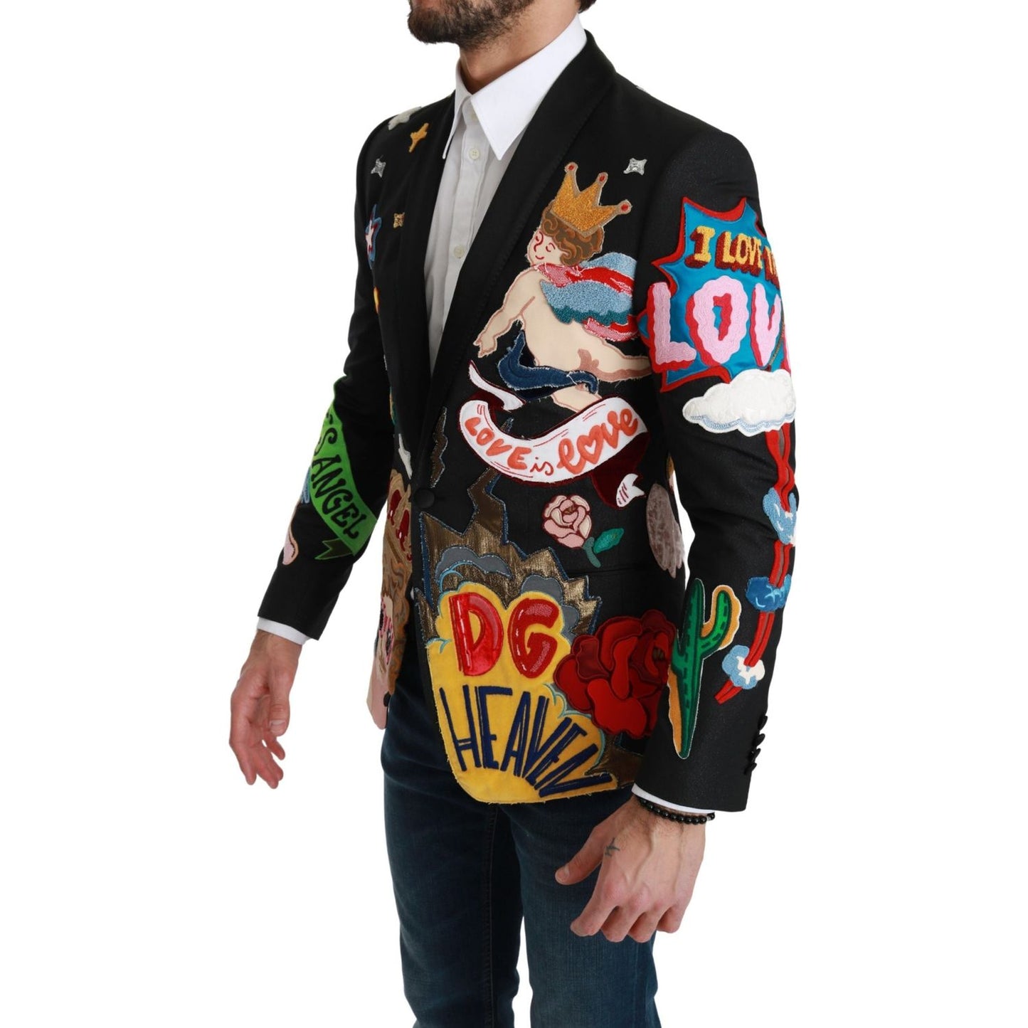 Dolce & Gabbana Chic Black Multicolor Motif Slim Fit Blazer Dolce & Gabbana