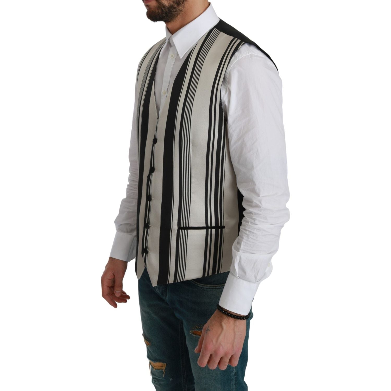 Dolce & Gabbana White Black Stripes Waistcoat Formal Vest