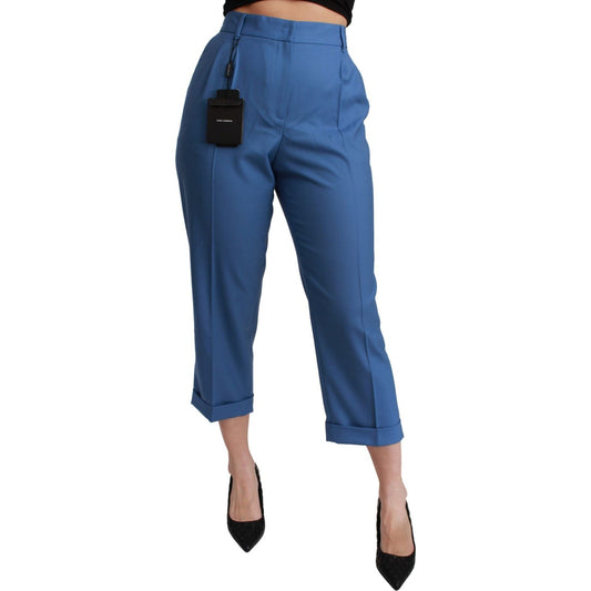 Dolce & Gabbana Blue Pleated Wool Cuffed Cropped Trouser Pants