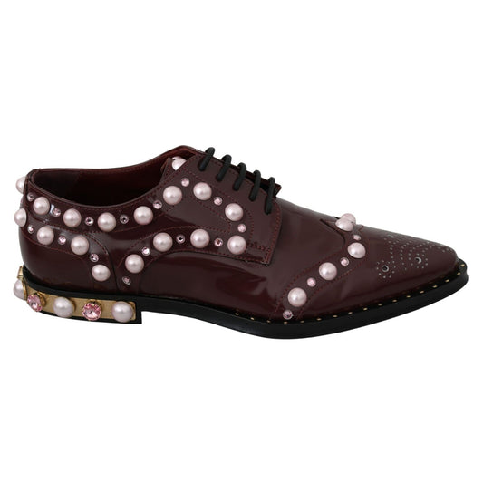 Dolce & Gabbana Bordeaux Leather Crystal Pearls Formal Shoes