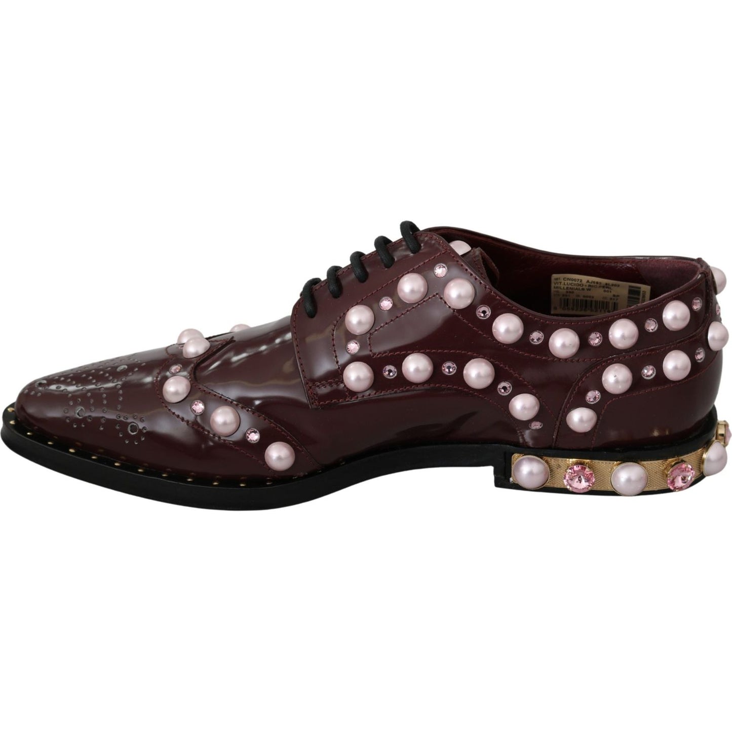 Dolce & Gabbana Elegant Bordeaux Lace-Up Flats with Pearls and Crystals Dolce & Gabbana