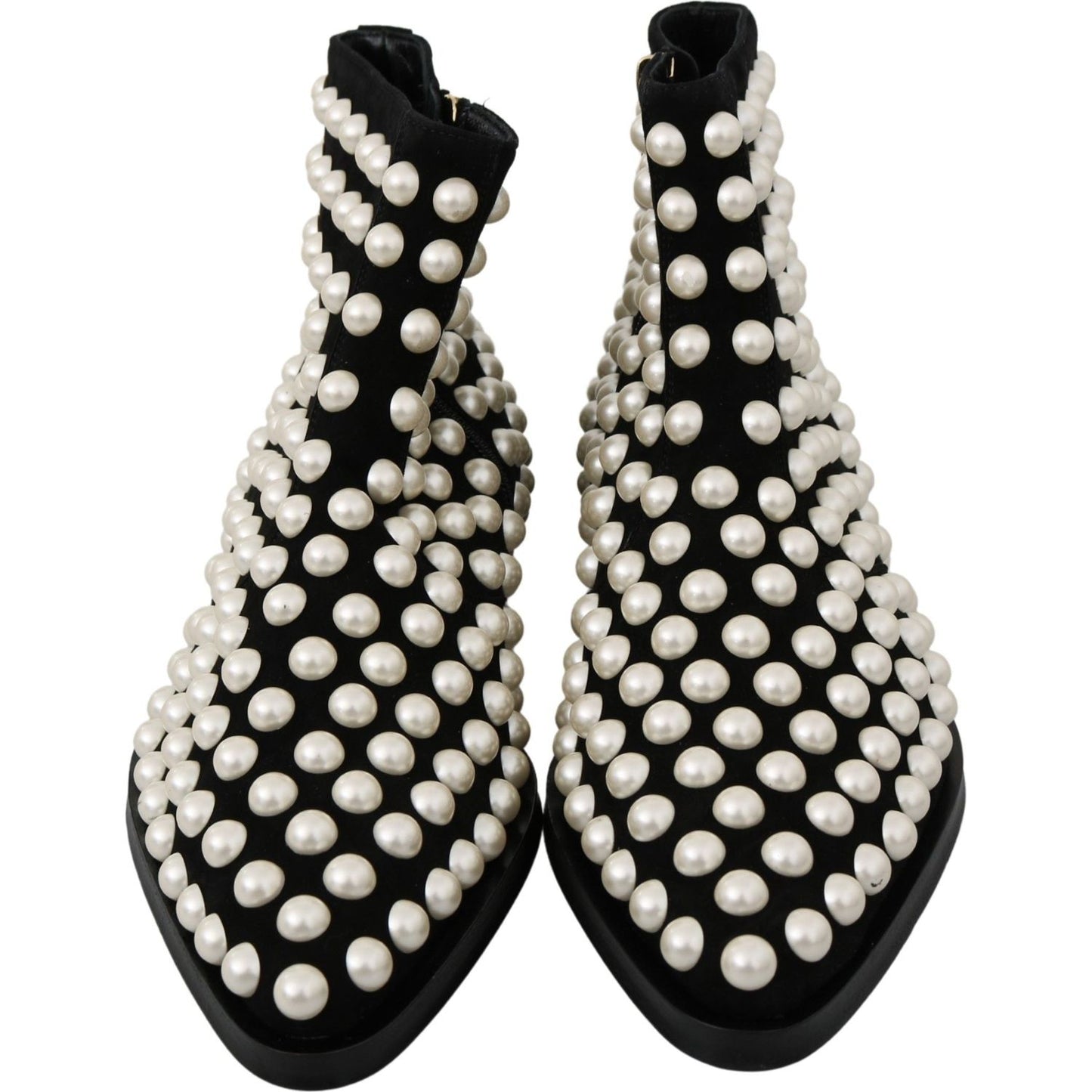 Dolce & Gabbana Chic Black Suede Ankle Boots with Pearls