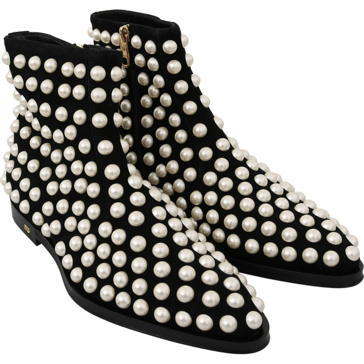 Dolce & Gabbana Chic Black Suede Ankle Boots with Pearls