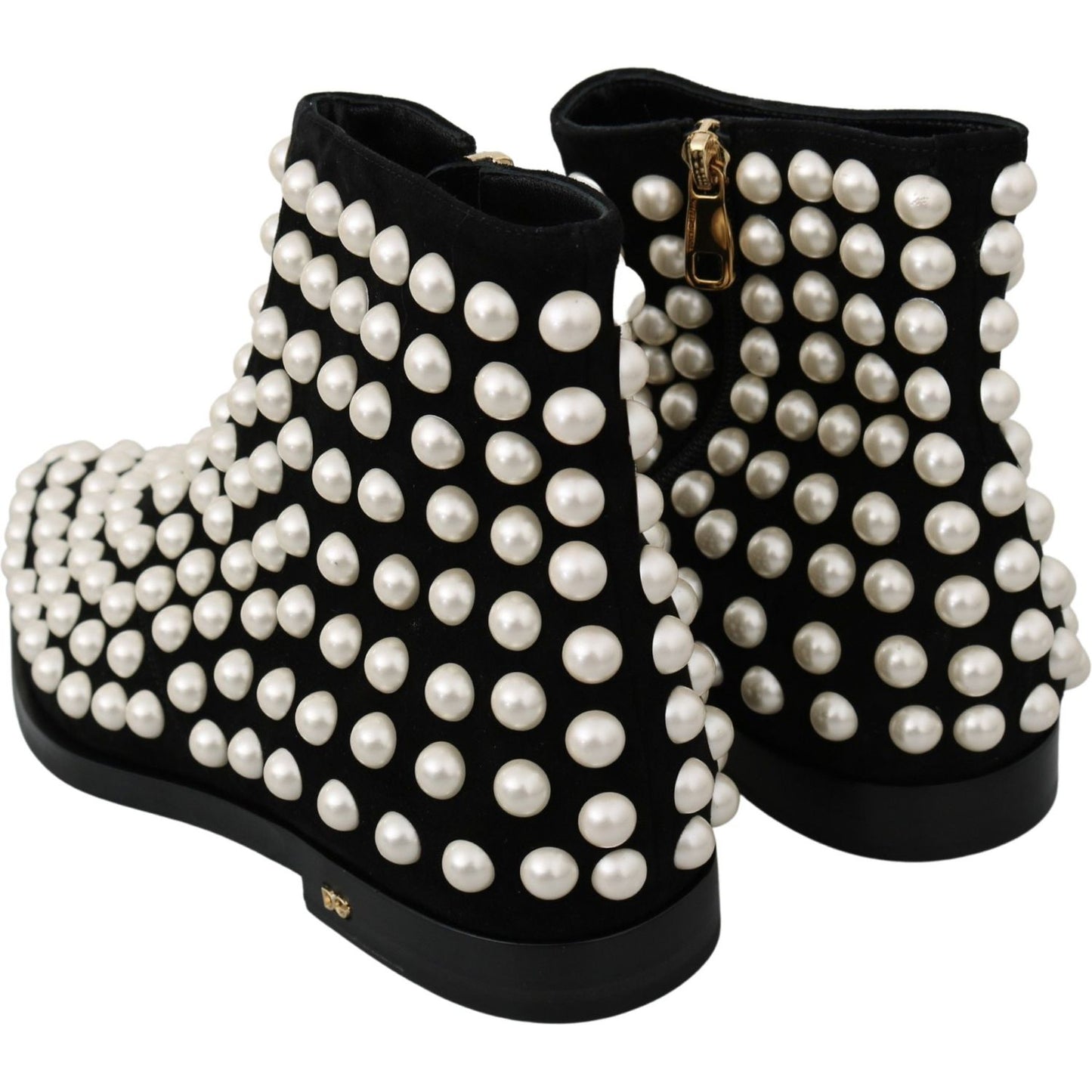 Dolce & Gabbana Chic Black Suede Ankle Boots with Pearls