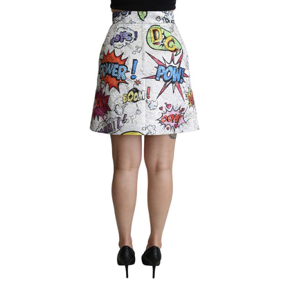 Dolce & Gabbana White Cartoon Brocade A-line High Waist Skirt