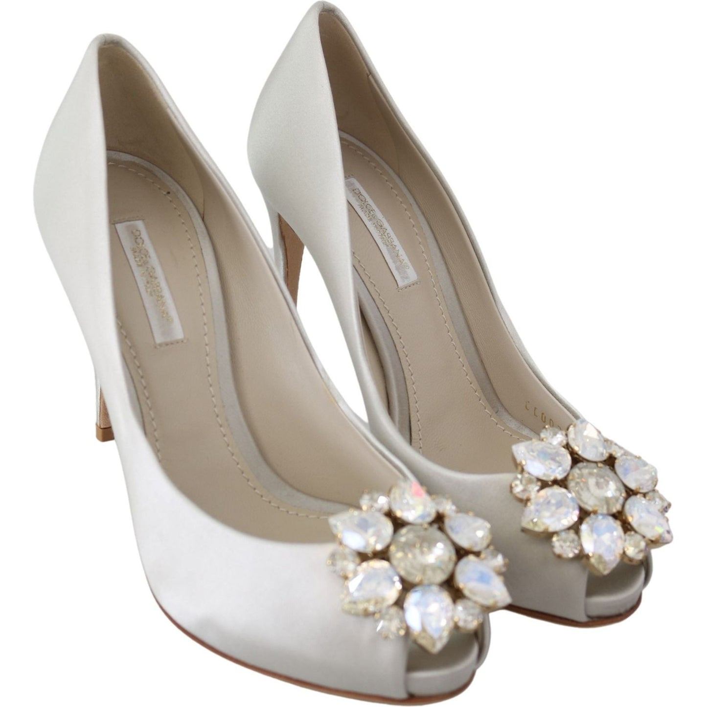 Dolce & Gabbana White Crystal Peep Toe Silk Blend Heels Dolce & Gabbana