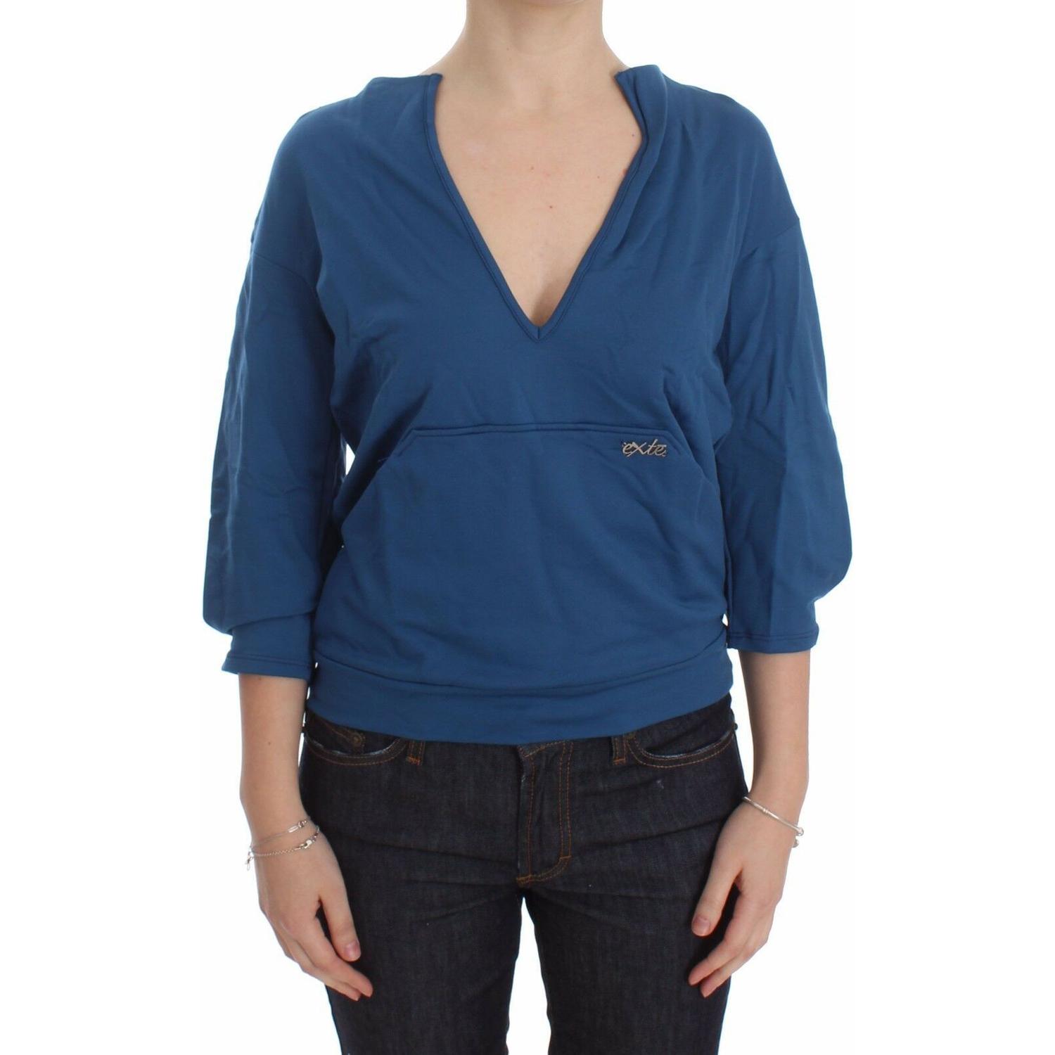 Exte Blue Cotton Top Pullover Deep V-neck Women Sweater