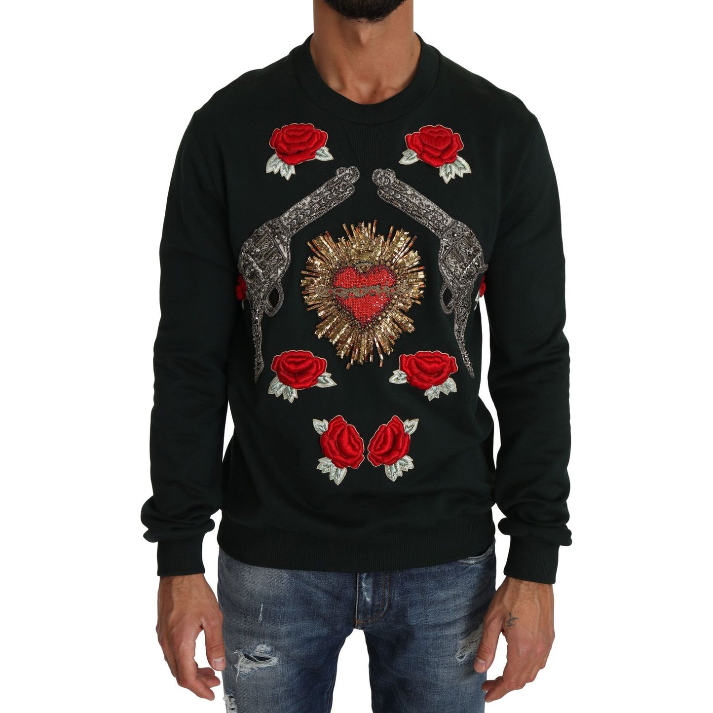 Dolce & Gabbana Emerald Cotton Sweater with Crystal Embroidery Dolce & Gabbana