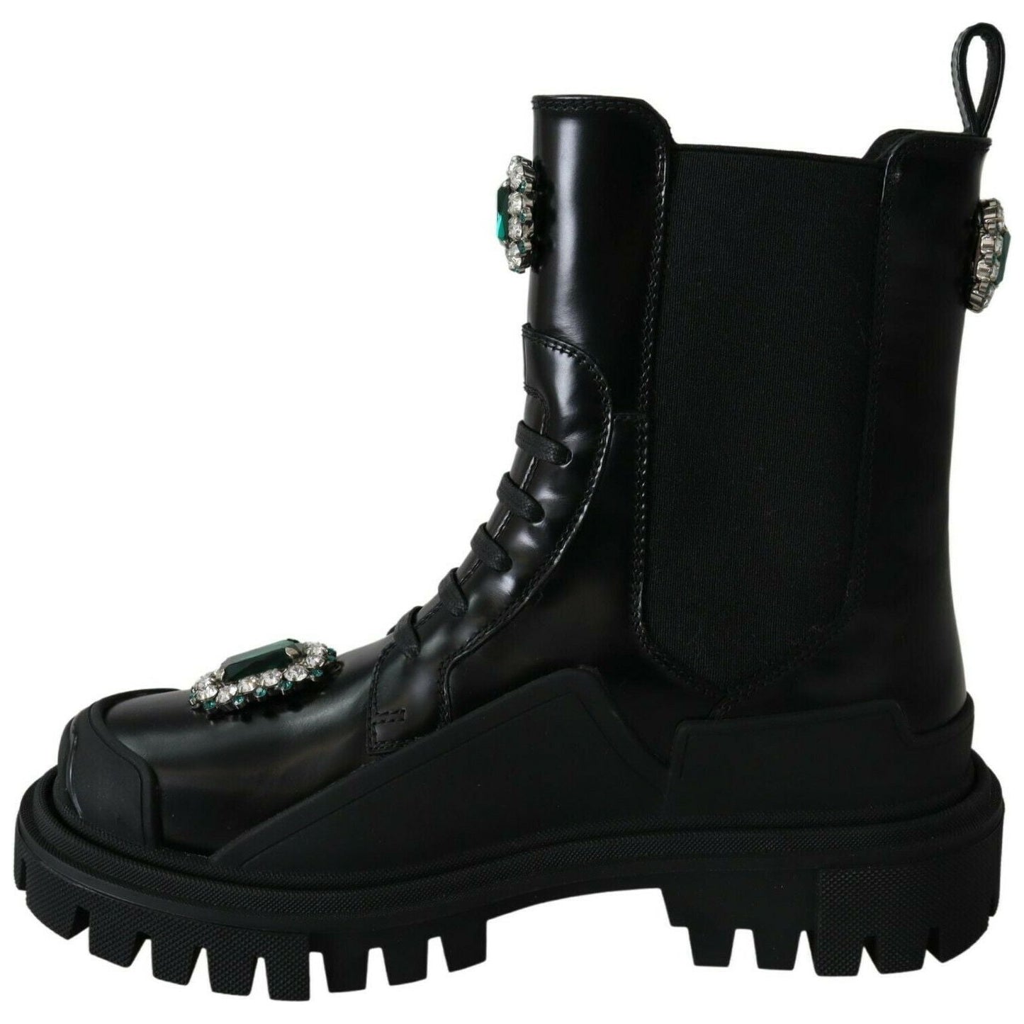 Dolce & Gabbana Elegant Black Leather Combat Boots with Crystal Detail Dolce & Gabbana