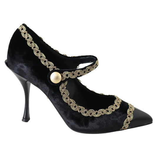 Dolce & Gabbana Black Velvet Gold Mary Janes Pumps