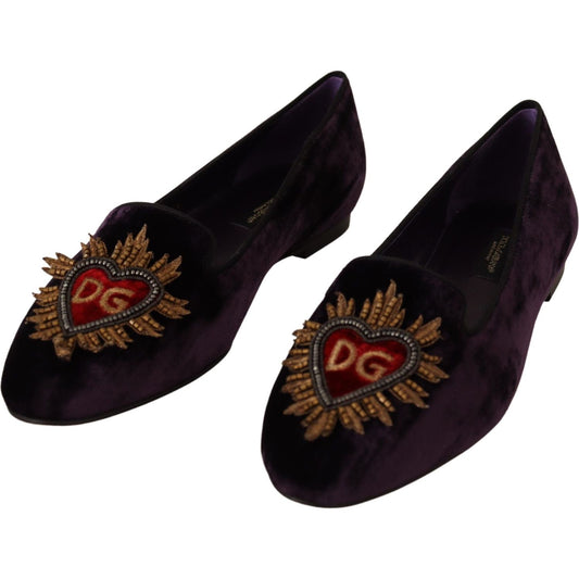 Dolce & Gabbana Chic Purple Velvet Loafers with Heart Detail Dolce & Gabbana