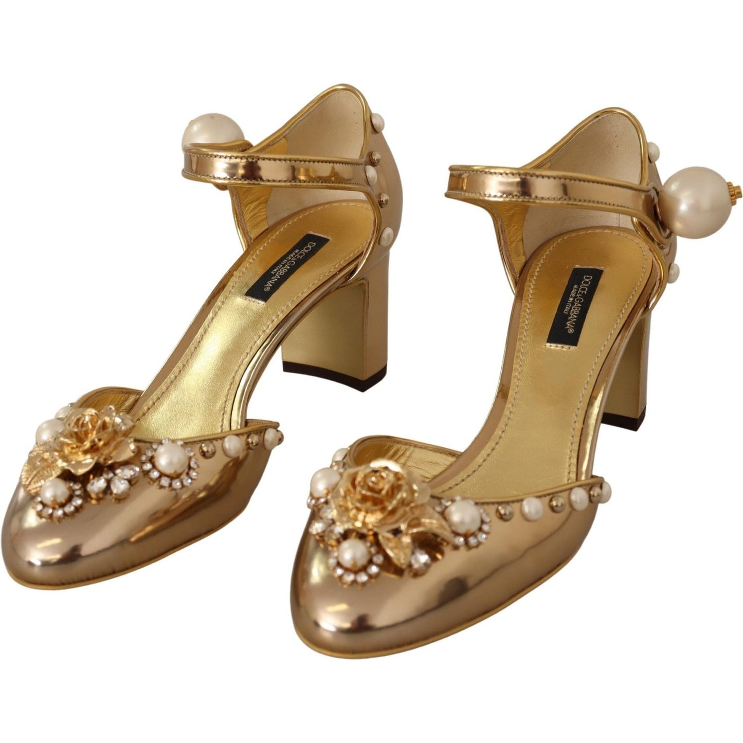 Dolce & Gabbana Elegant Gold Leather Block Heels with Crystals