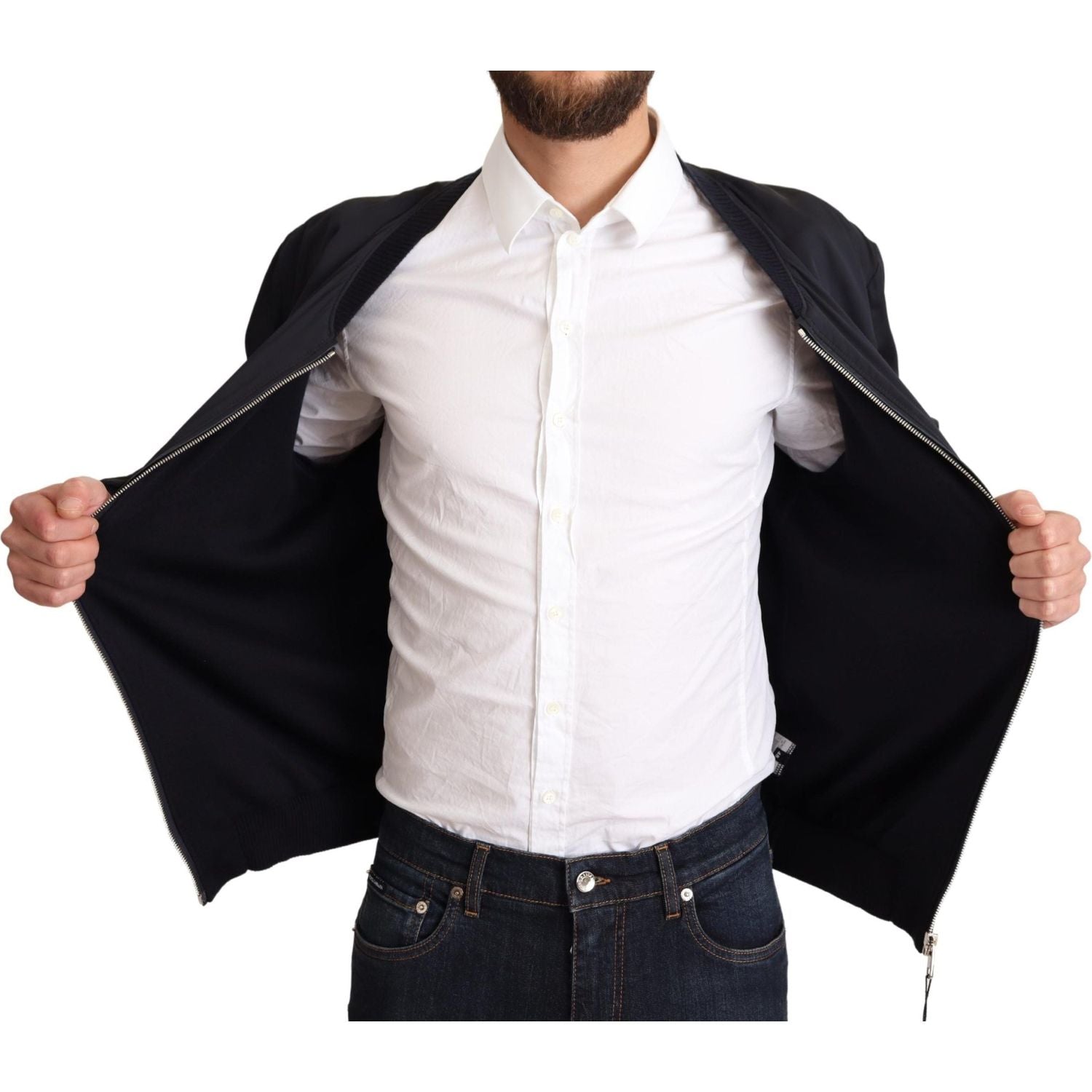 Dolce & Gabbana Blue Silk Coat Short Bomber Men Jacket