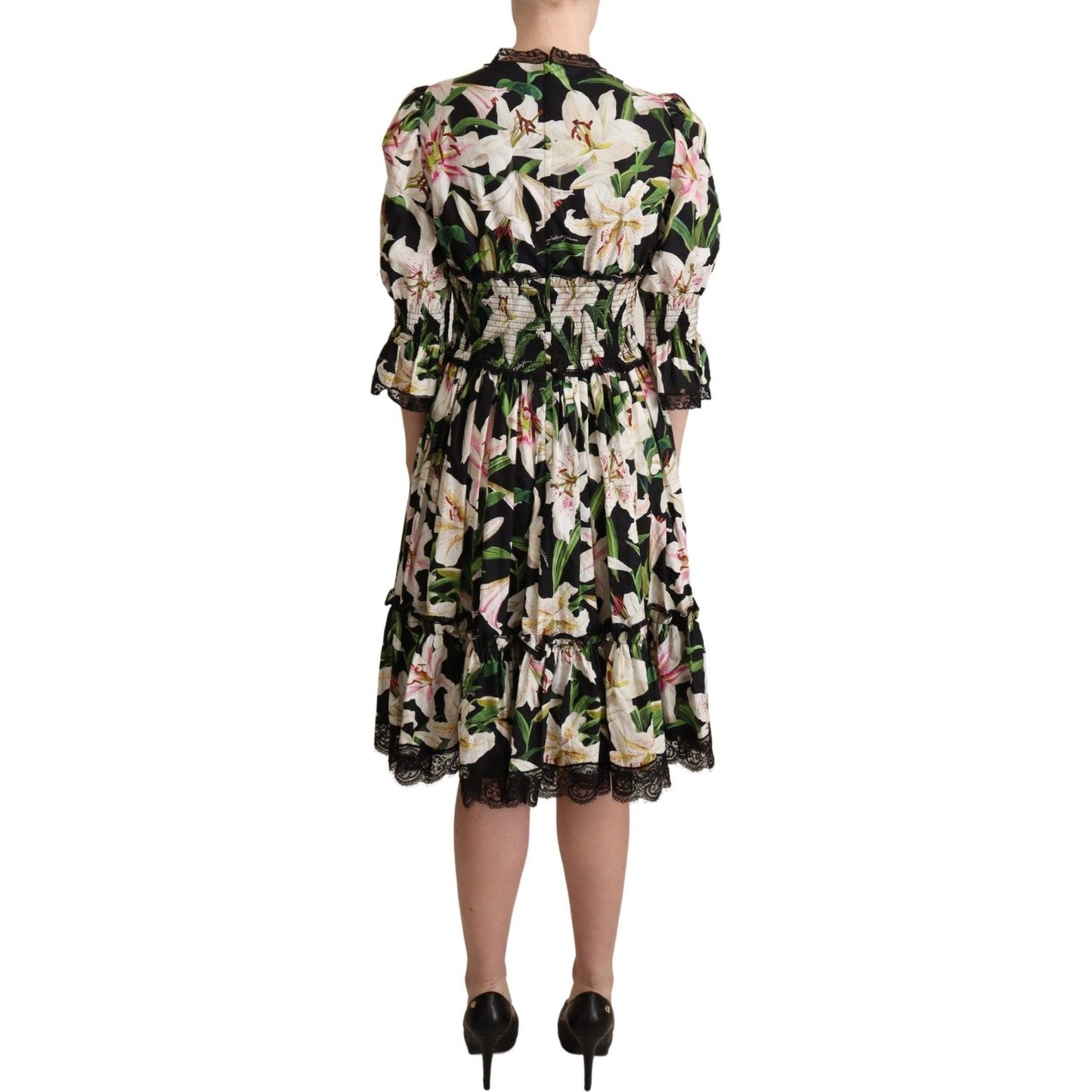 Dolce & Gabbana Elegant Lily Print Midi Dress with Lace Trim WOMAN DRESSES Dolce & Gabbana