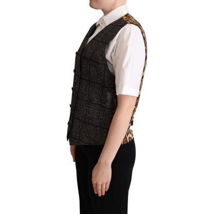 Dolce & Gabbana Gray Wool Leopard Print Waistcoat Vest Dolce & Gabbana