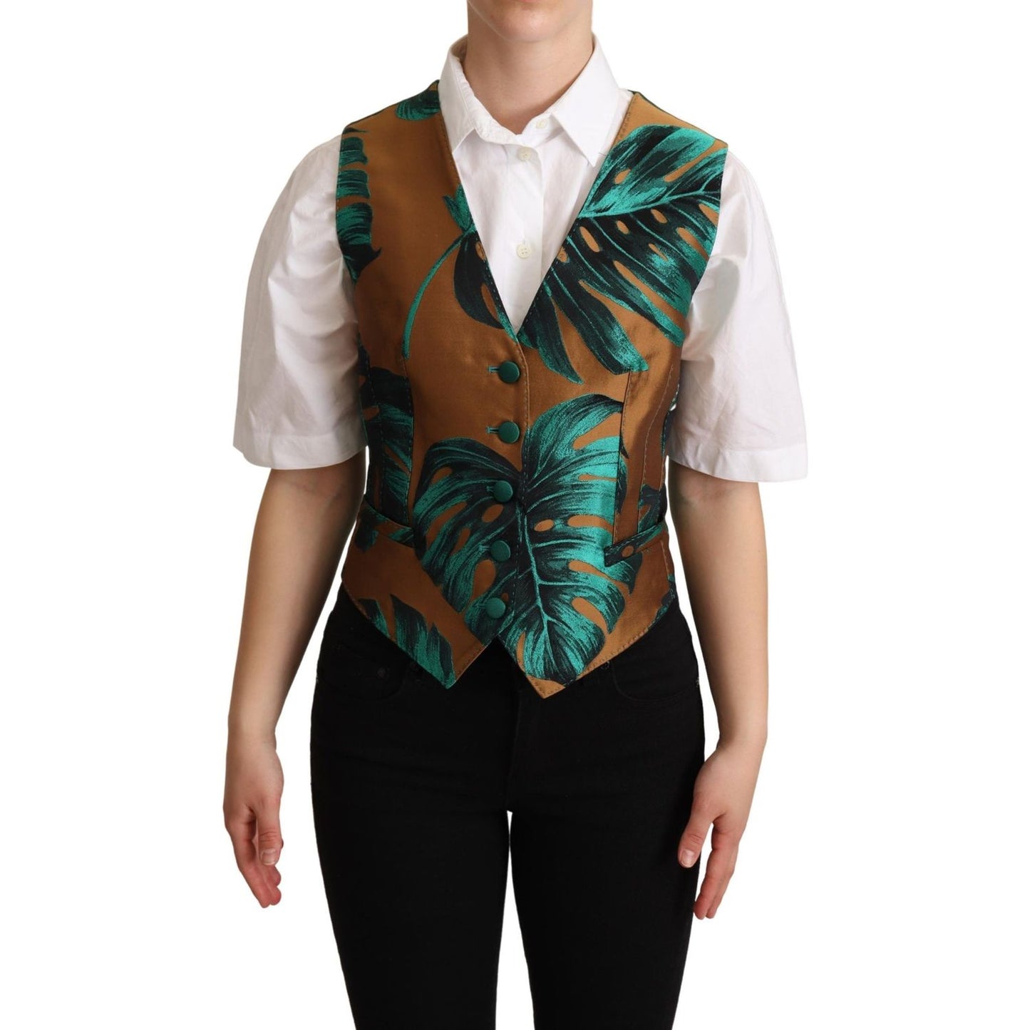 Dolce & Gabbana Green Jacquard Leaf Gold Waistcoat Vest Dolce & Gabbana