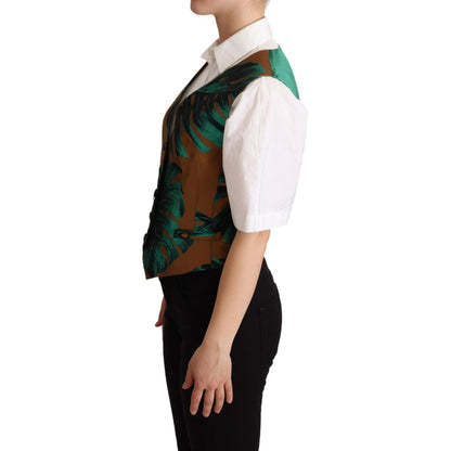 Dolce & Gabbana Green Jacquard Leaf Gold Waistcoat Vest Dolce & Gabbana