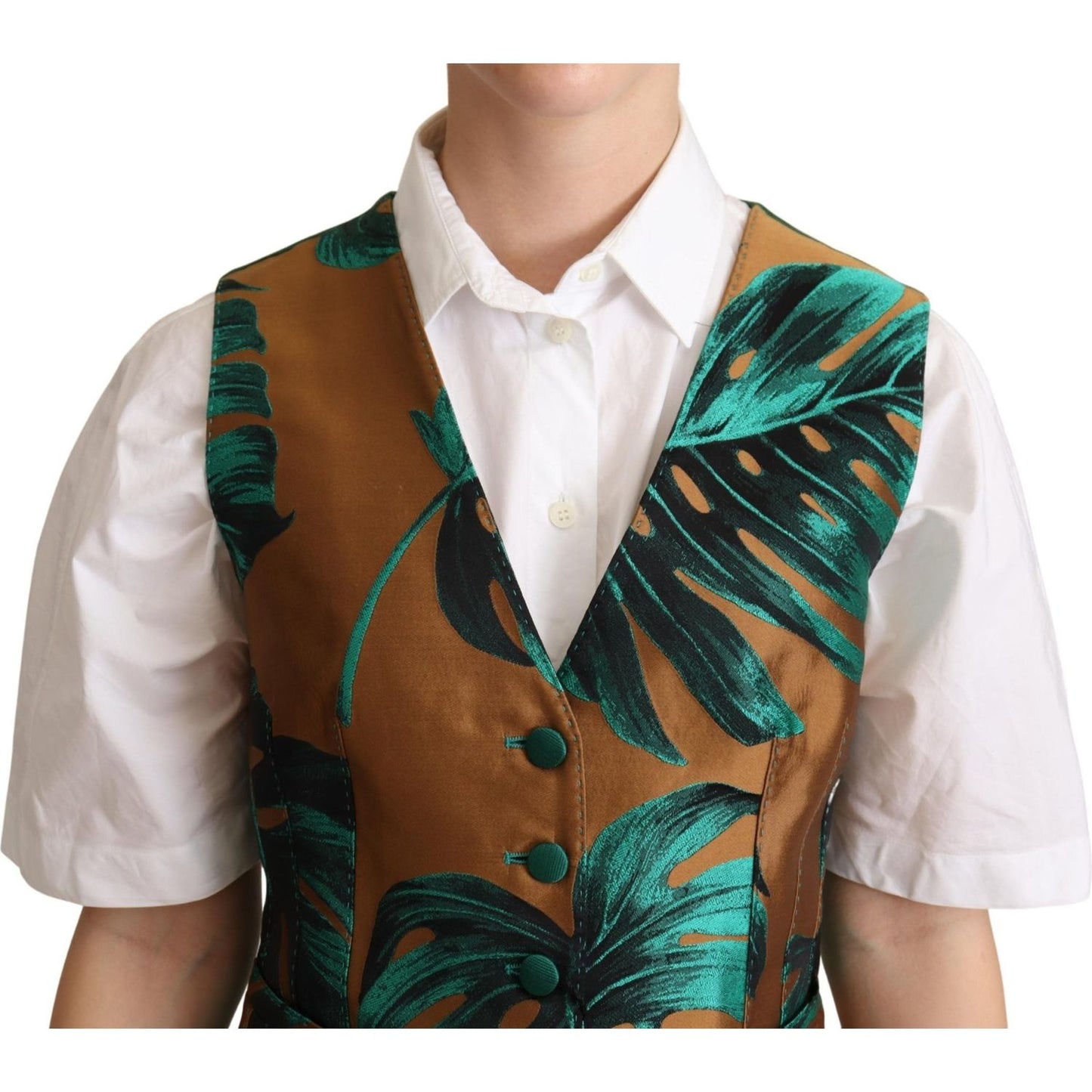 Dolce & Gabbana Green Jacquard Leaf Gold Waistcoat Vest Dolce & Gabbana